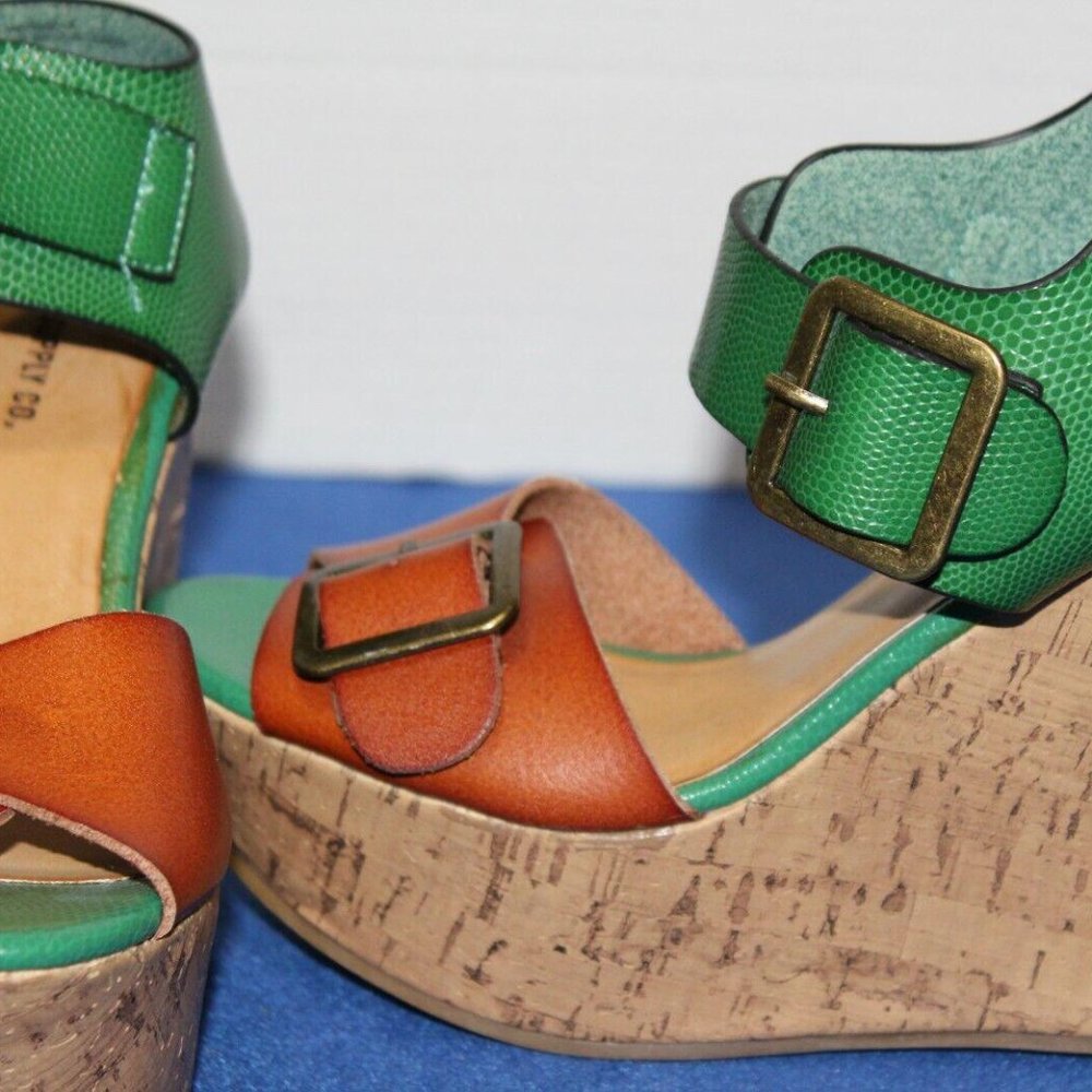 MOSSIMO SUPPLY CO. Green/Tan Buckle Straps Cork Platform Wedge Heels Size 6 B - Picture 5 of 9